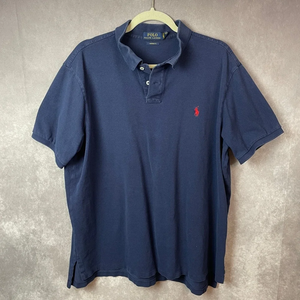 POLO RALPH LAUREN Polo Shirt Mens 2XL Blue Custom Fit Cotton Short Sleeve Casual